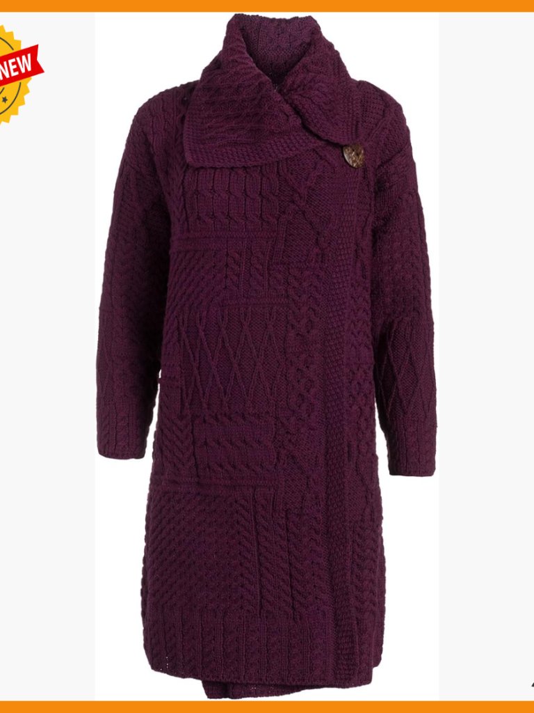 Long Merino Wool Cardigan Coat Irish Knit Cable Honeycomb Button